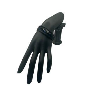 Womens Black Leather Bracelet With Magnetic Clasp & Blue Accents